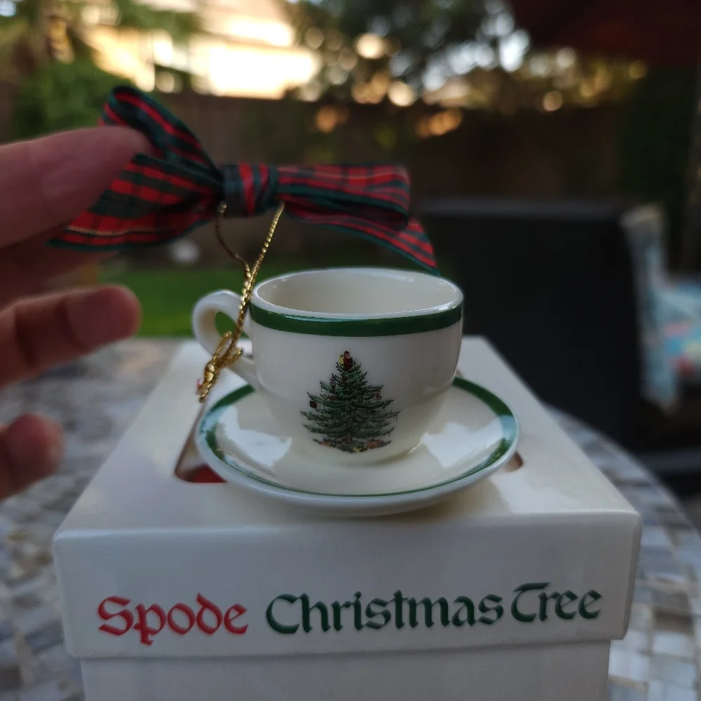 Spode Christmas Tree Teacup Ornament with Red and Green Plaid Bow - Picture 2 of 10